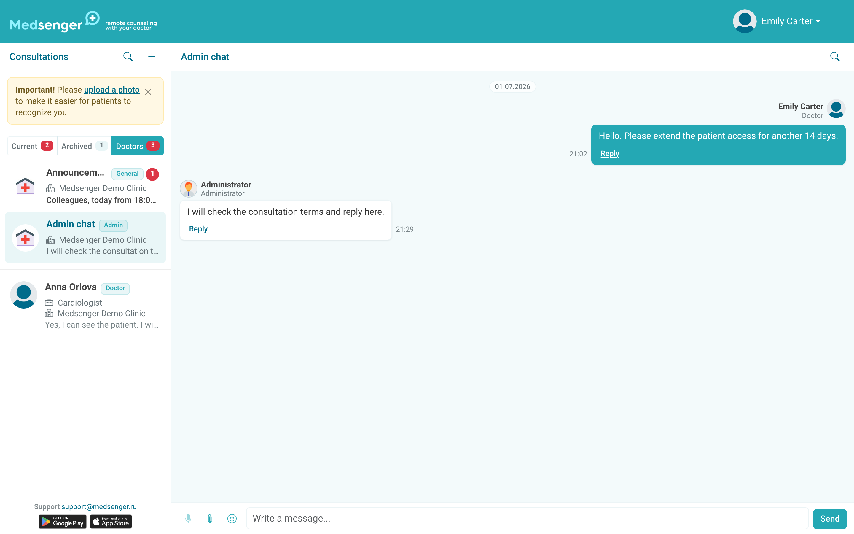 Administrator chat in the doctor's list