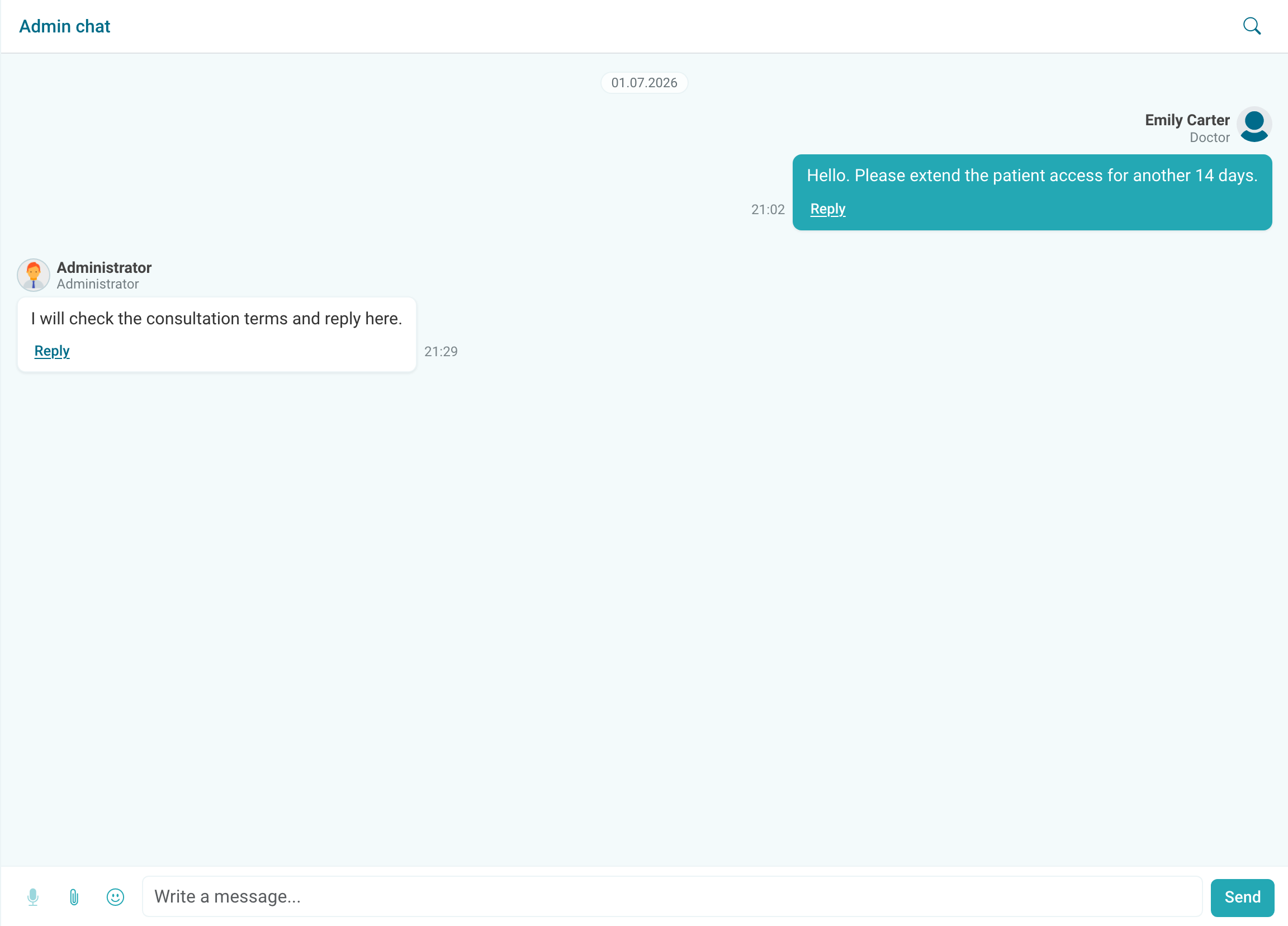 Doctor chat with clinic administrator