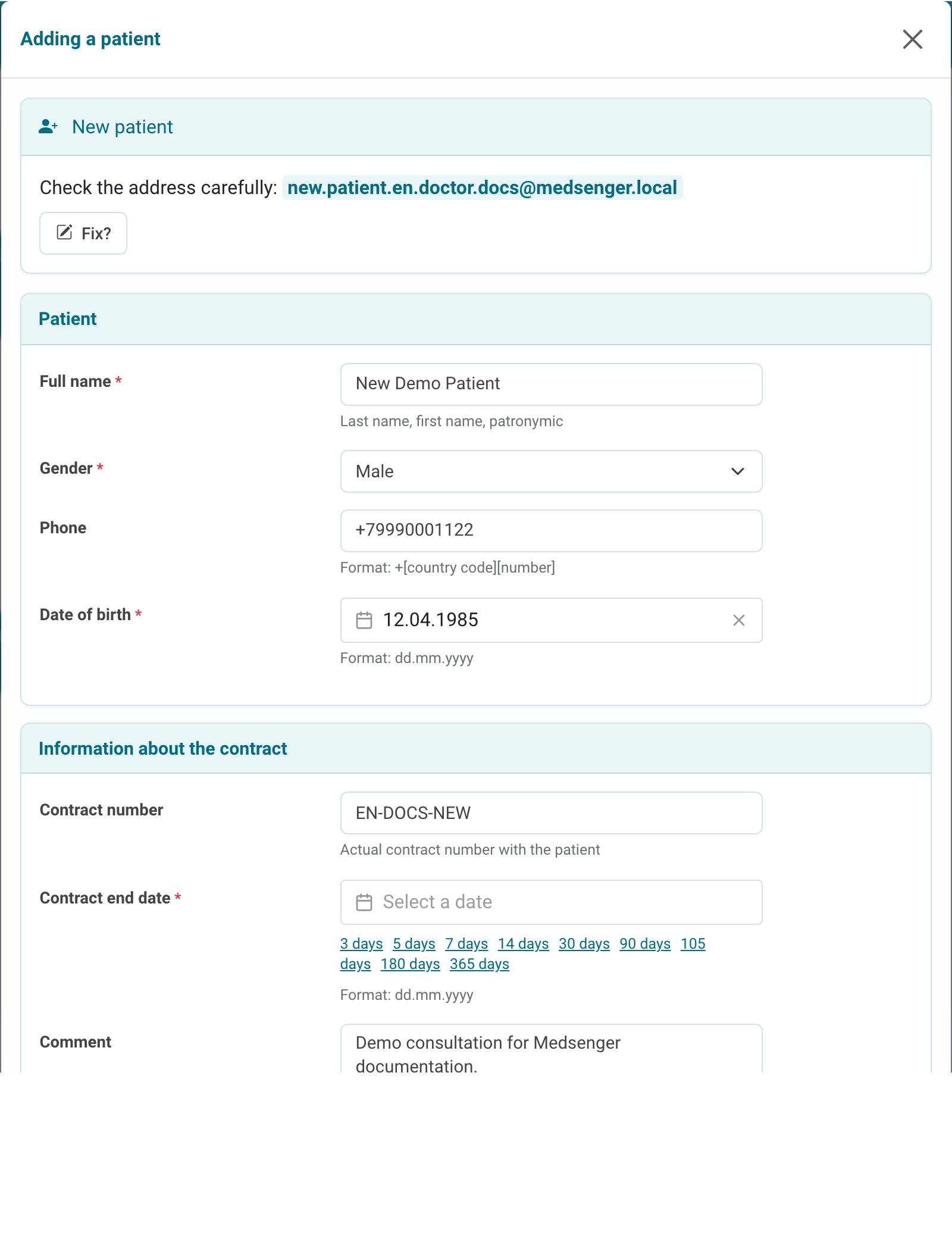 Parameters of the consultation being created