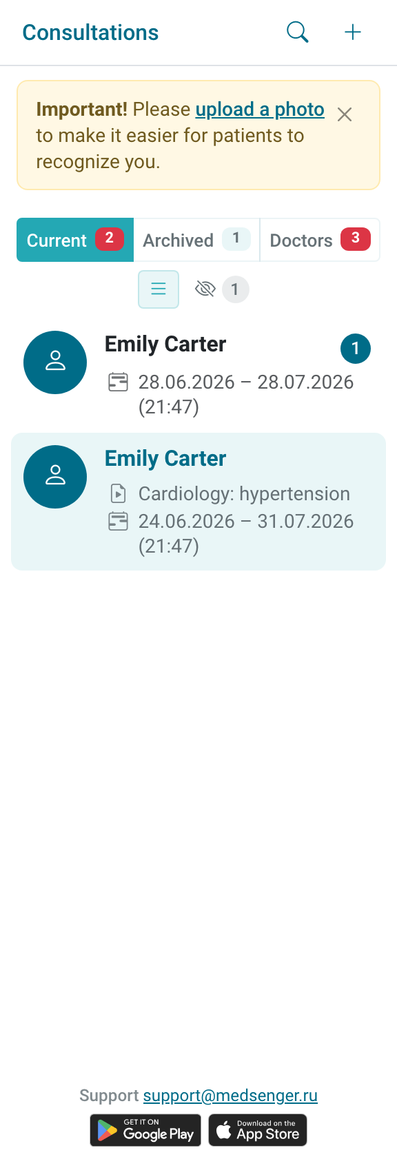 Doctor consultation list with message badges