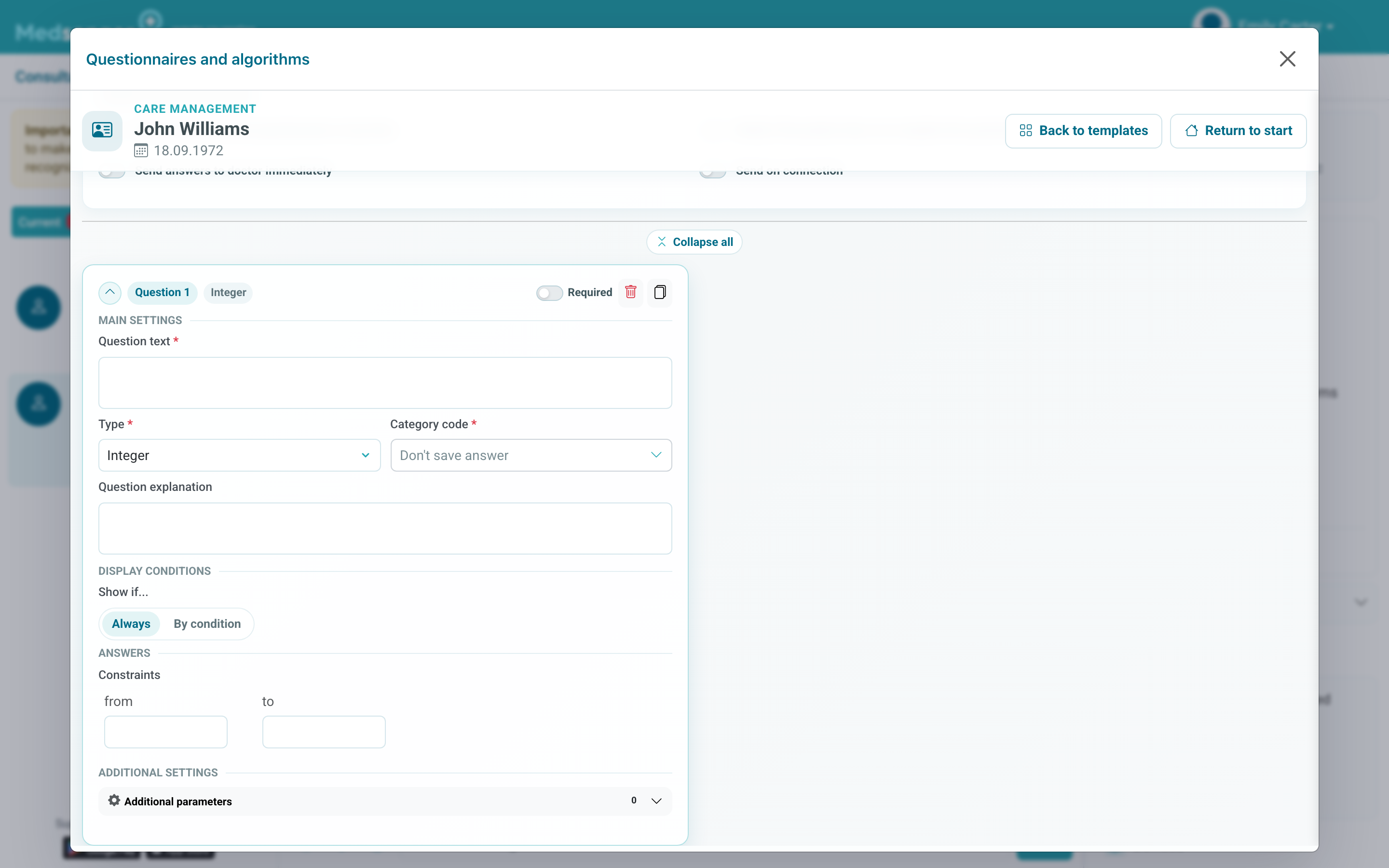 Creating a questionnaire before saving