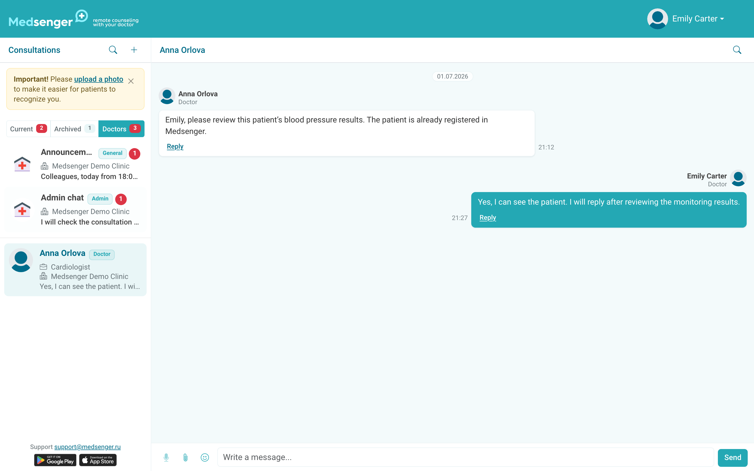 Doctor internal chats tab