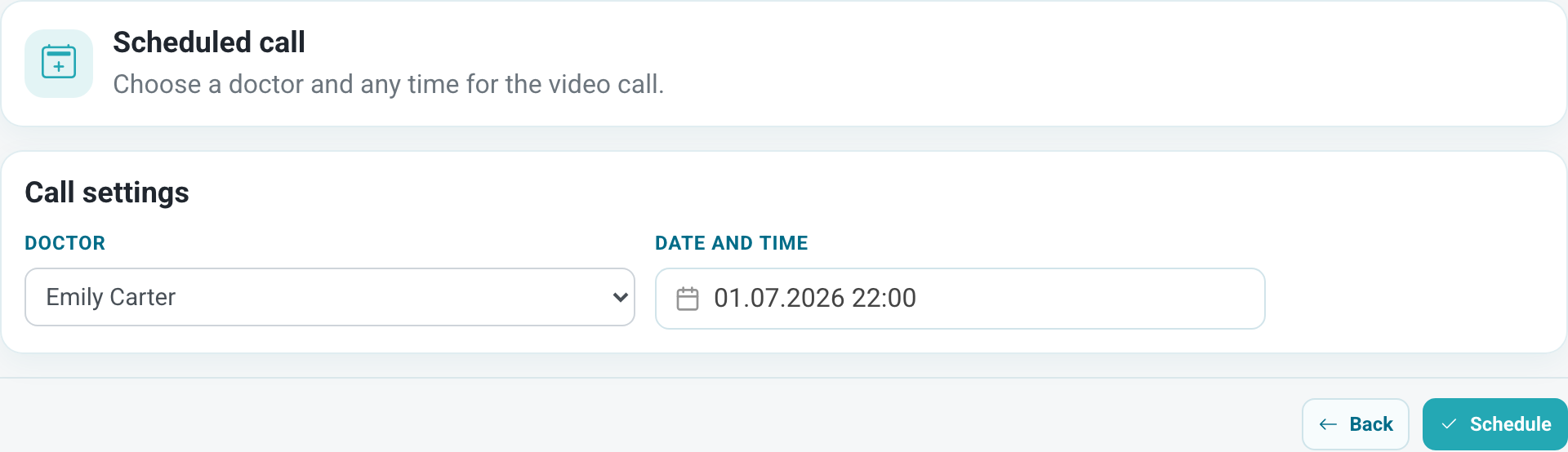 Form for scheduling a video call at a specific time
