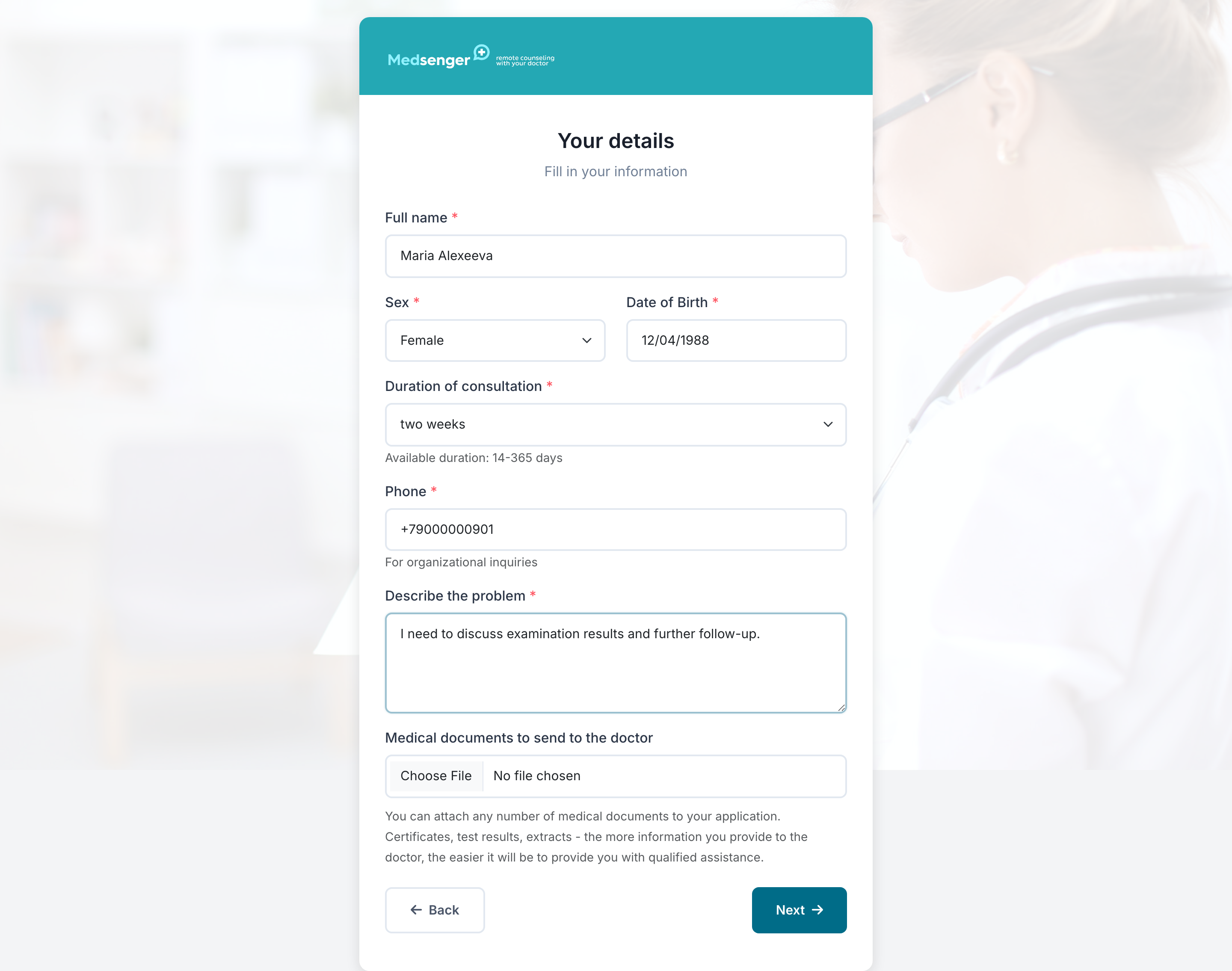 Patient details in an online request